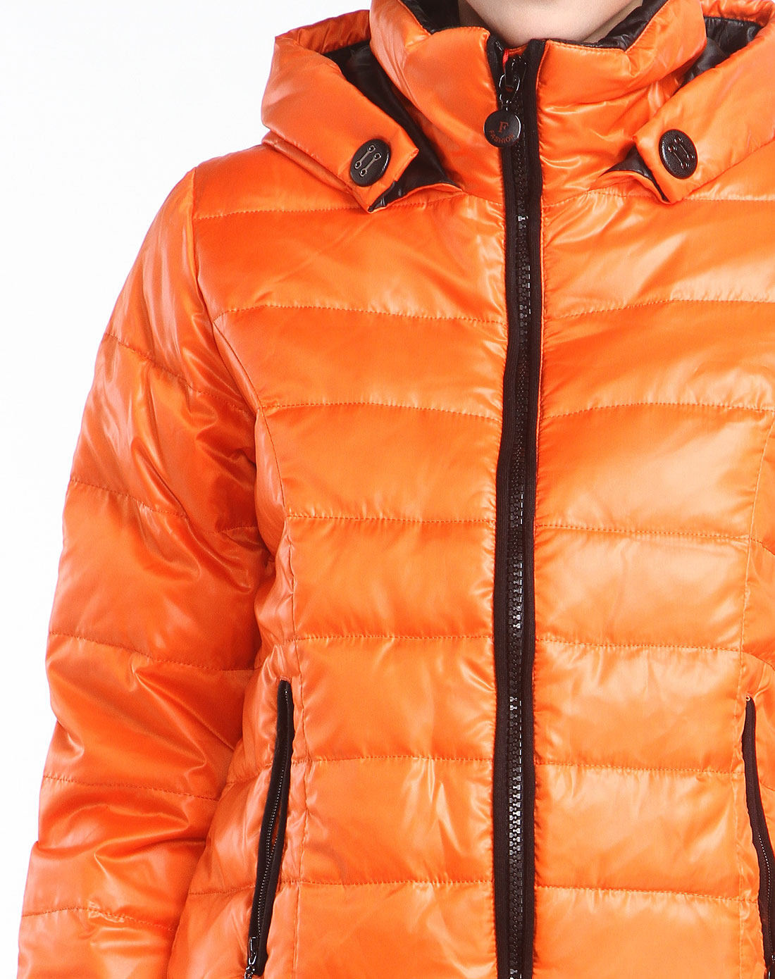 冰飞女款短款橘色亮皮个性竖领羽绒服