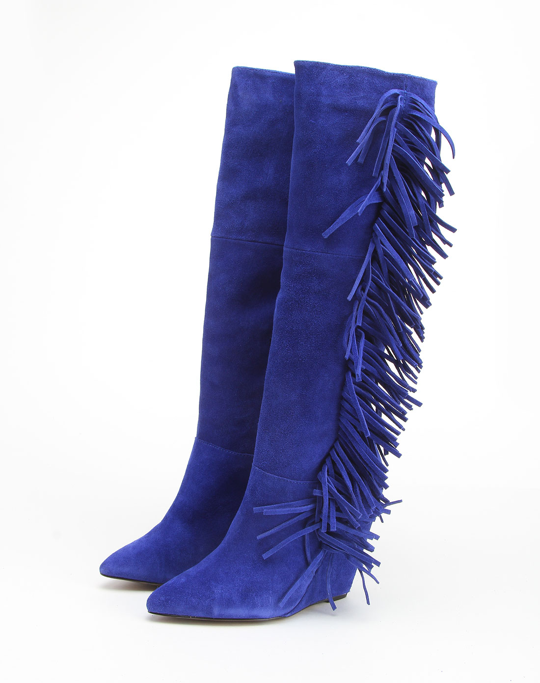 穗条装饰蓝色坡跟长筒靴