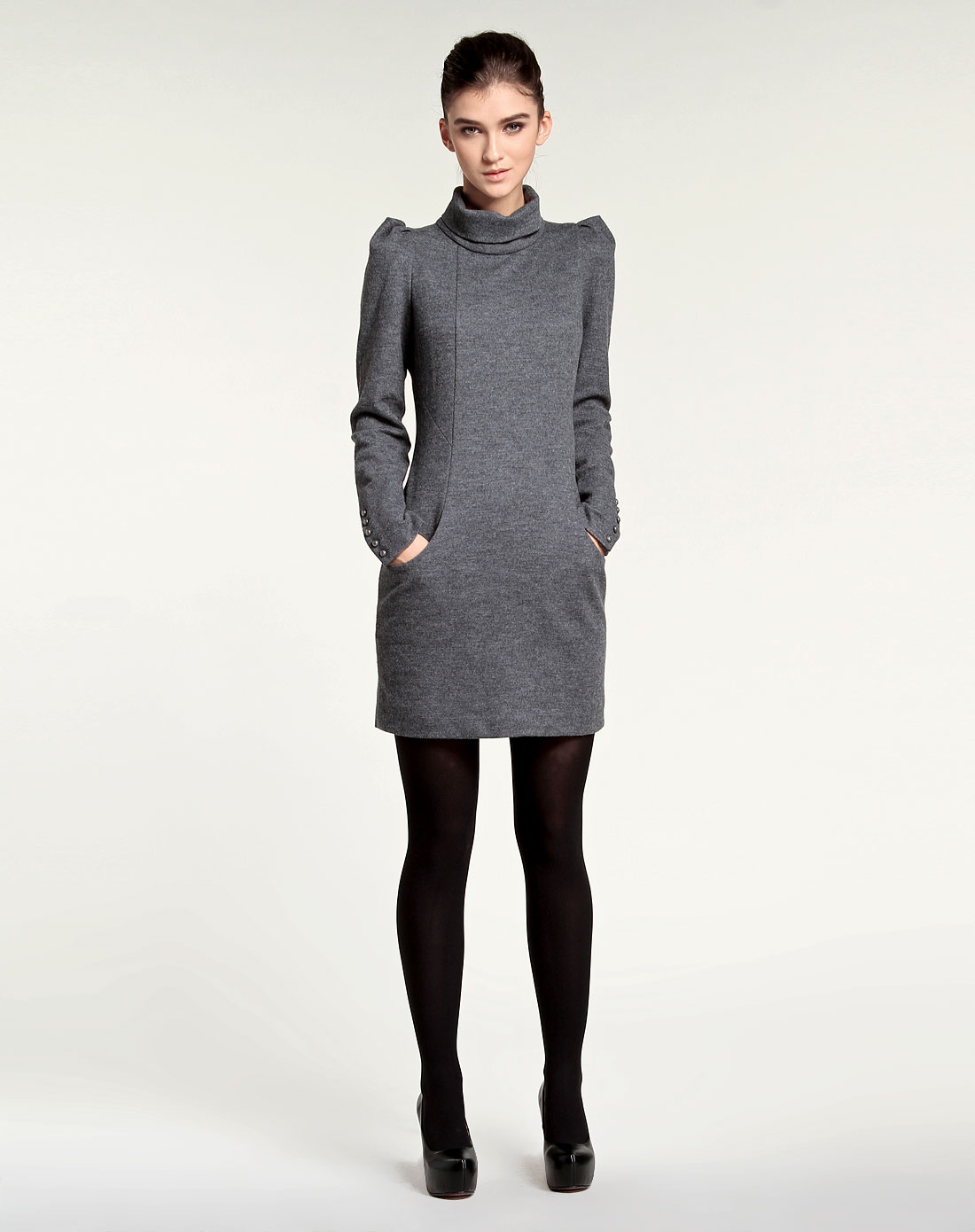 深灰色简约百搭长袖毛呢连衣裙