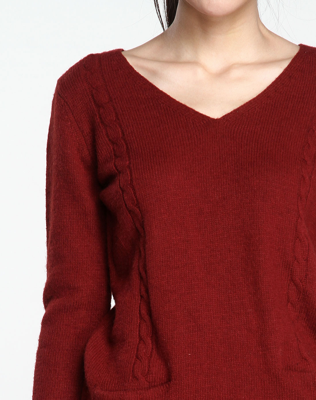 枣红色v领时尚修身长款长袖毛衣