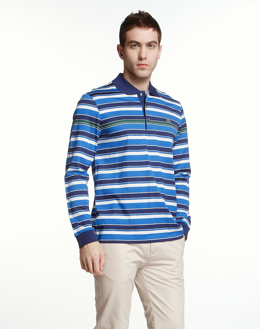 横条纹蓝色长袖polo衫