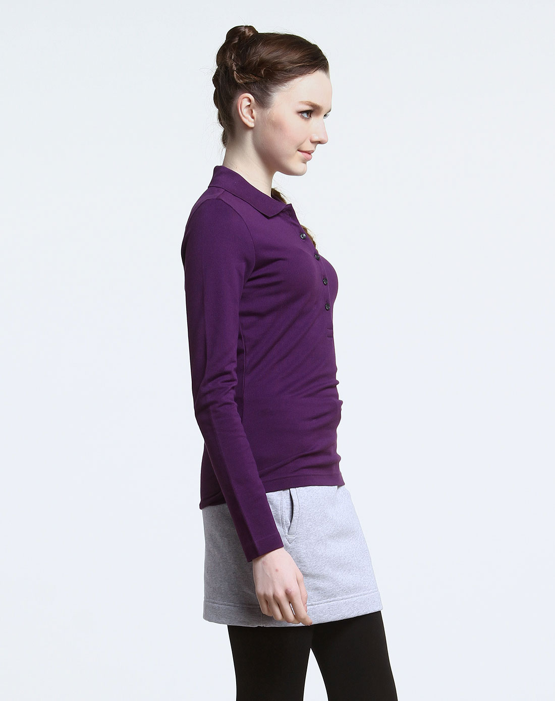 女款纯色时尚深紫色长袖polo衫