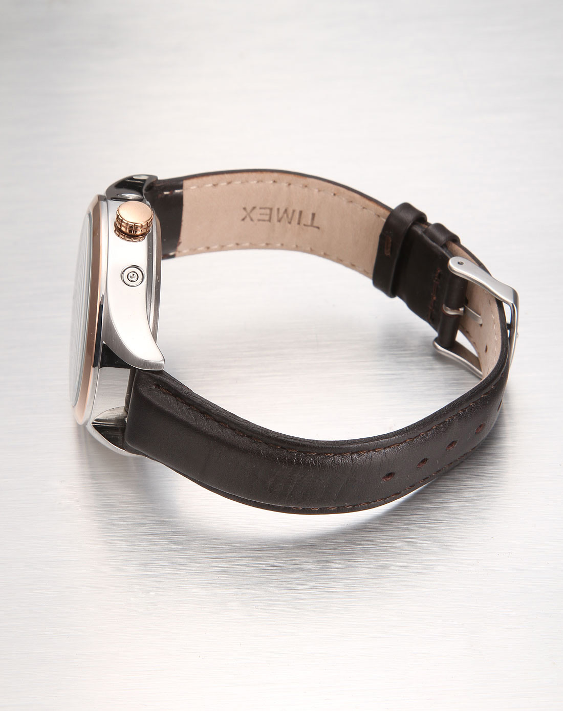 天美时timex 男款黑面深棕色真皮表带手表