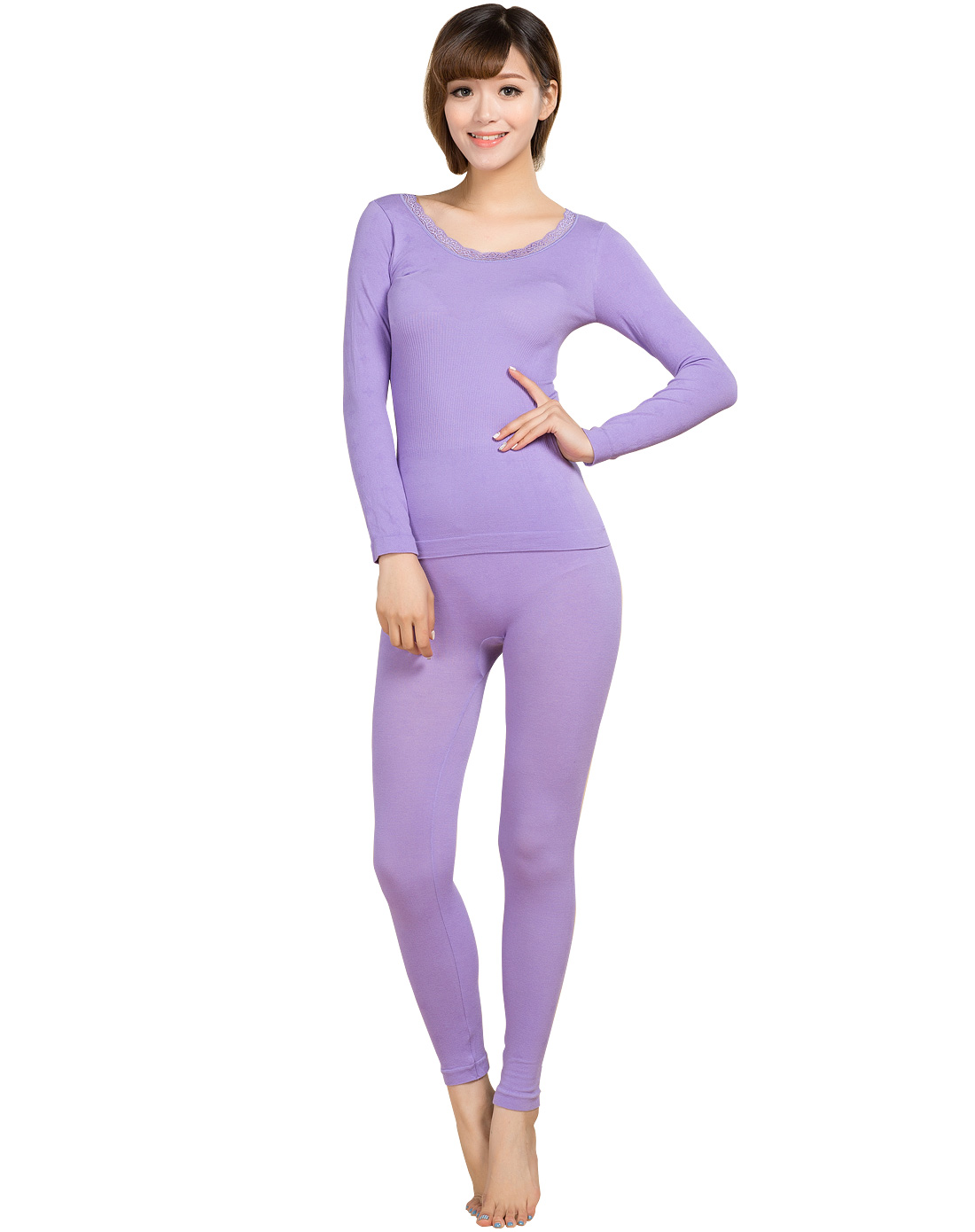 女款浅紫色甜美舒适长袖内衣套装