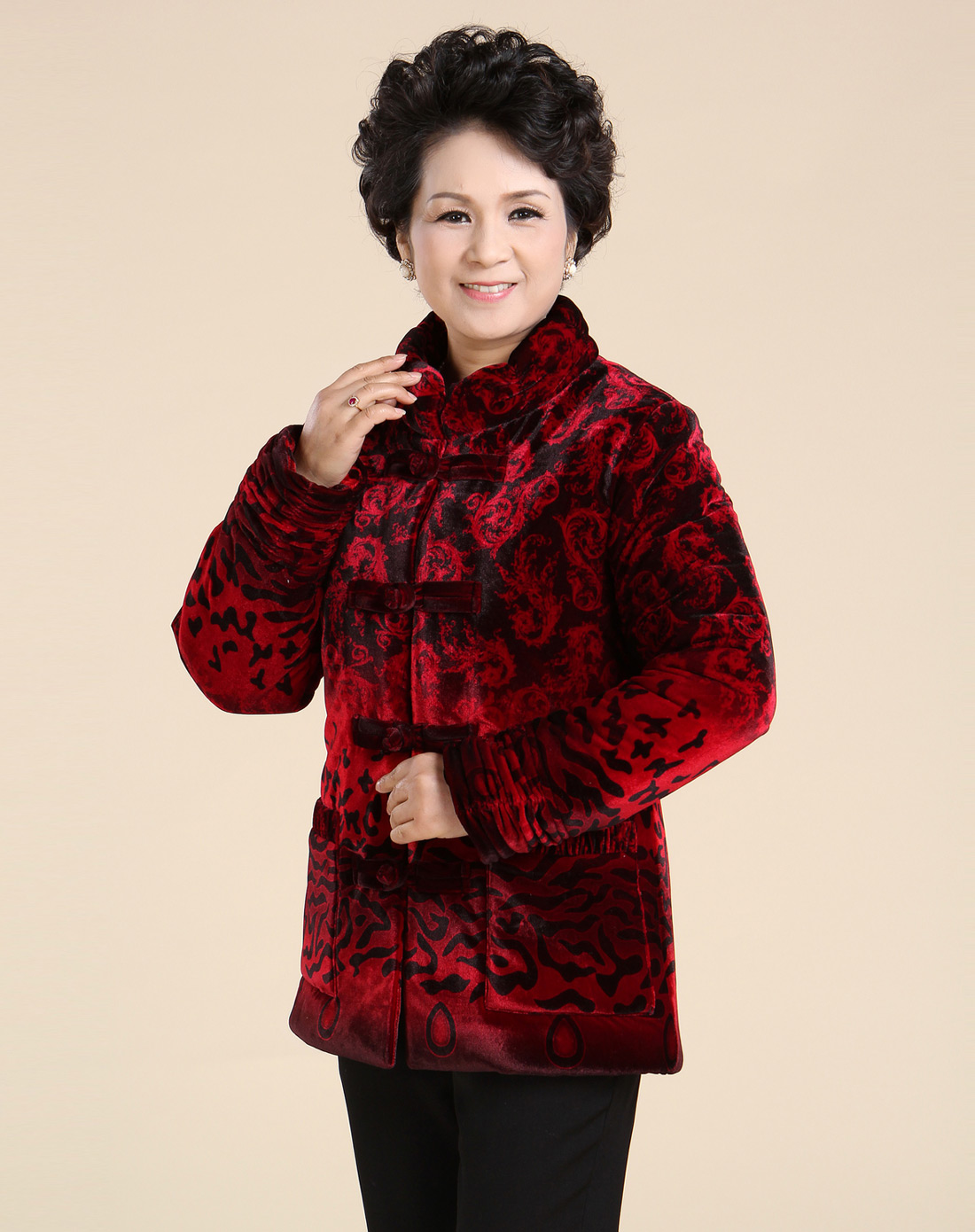 女款红色喜庆立领盘扣唐装棉衣
