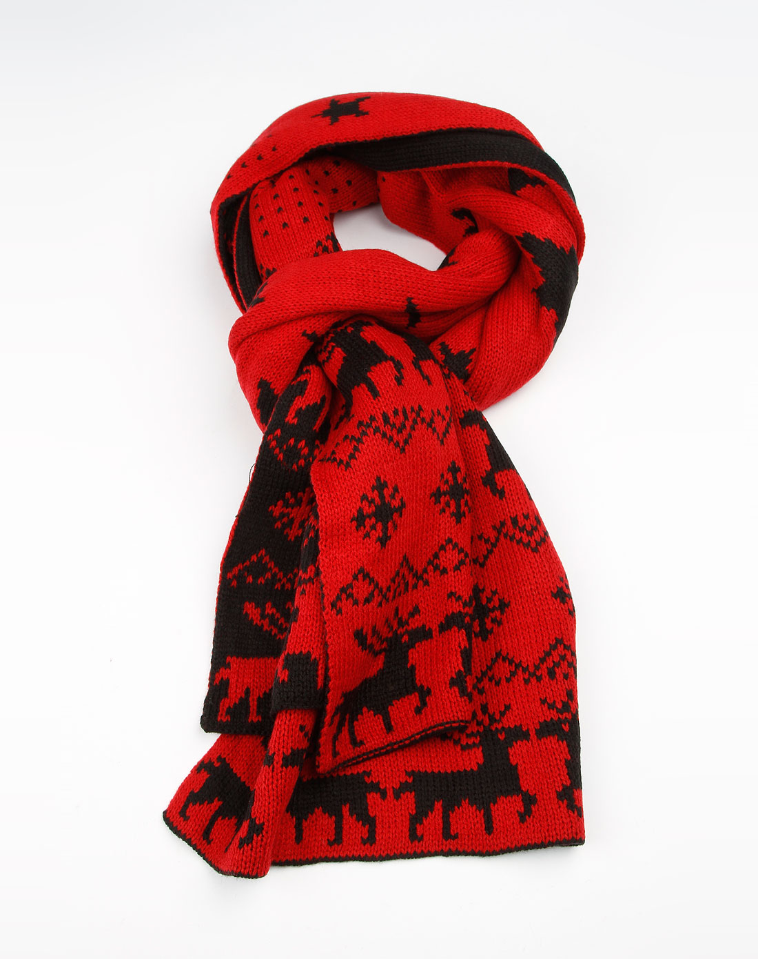 女款红/黑色圣诞小鹿印花围巾