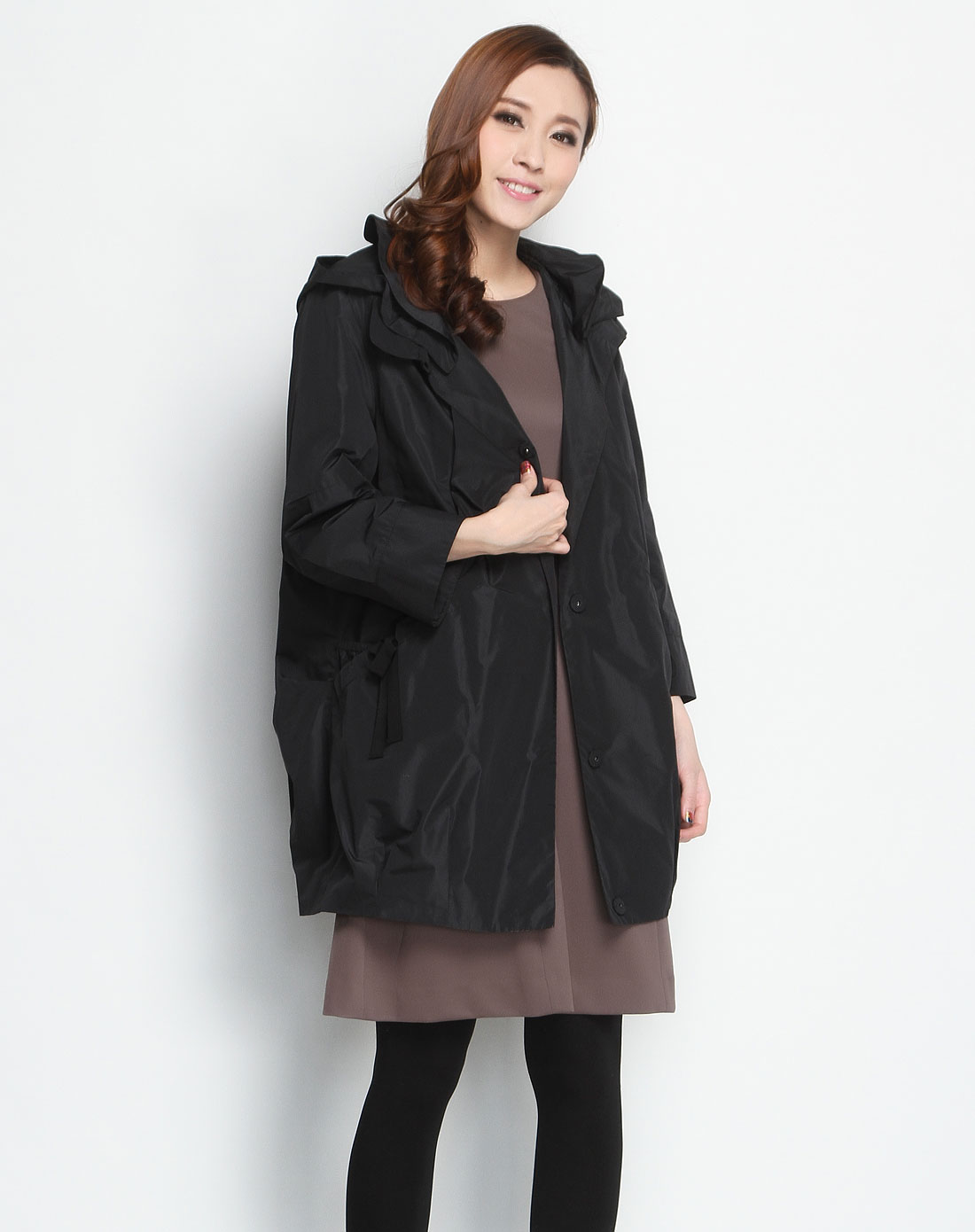 福柯斯focals 荷叶领黑色长袖风衣