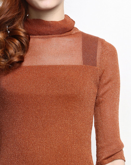 桔金色高领中袖休闲针织衫