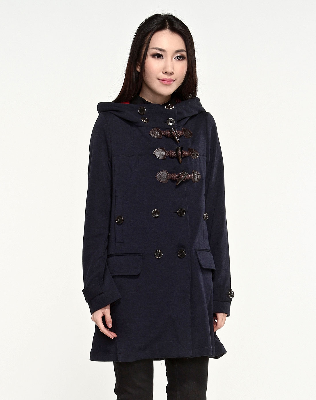 etam weekend&es女装混合专场-es 藏青色连帽单排扣长款长袖风衣