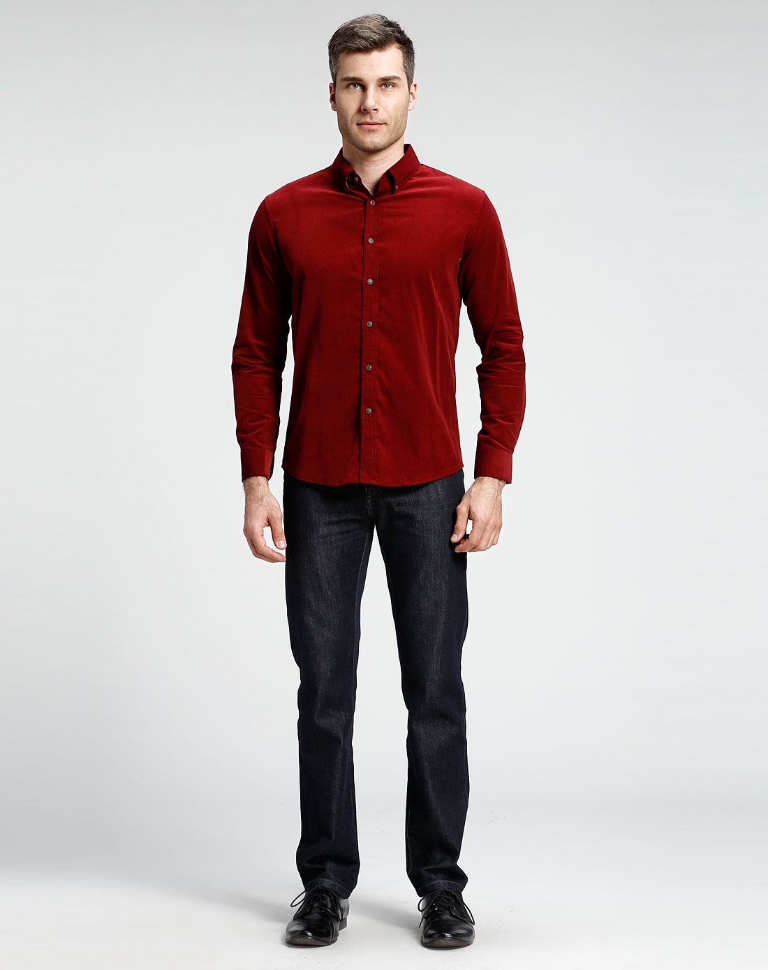 酒红色纯棉经典简约长袖衬衫