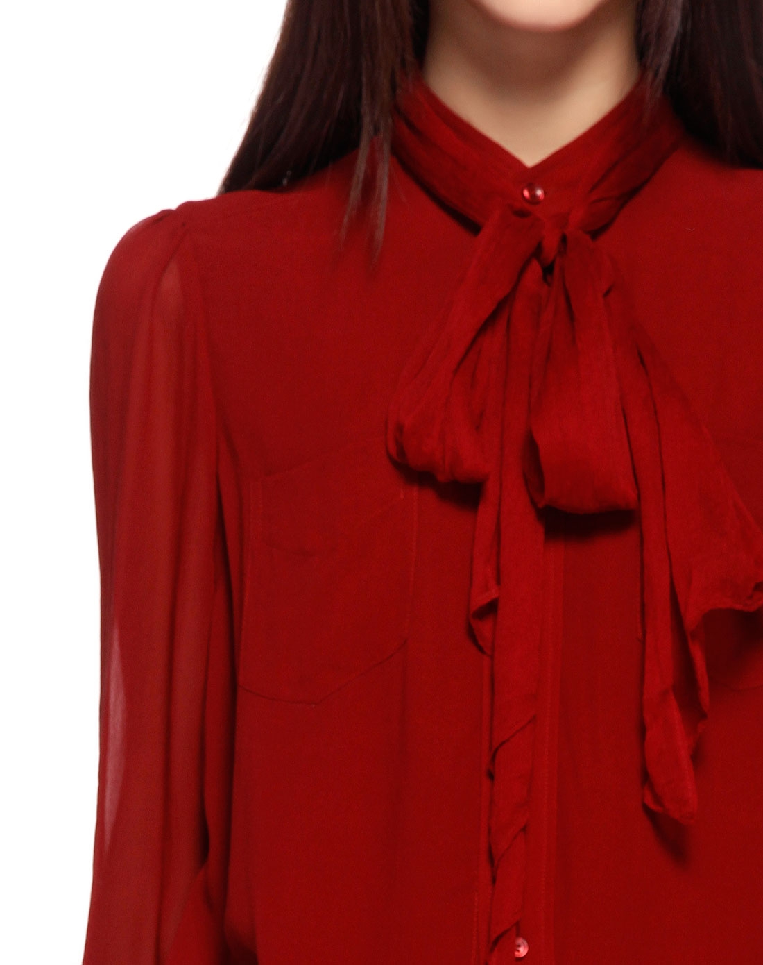 酒红色真丝飘带长袖衬衫