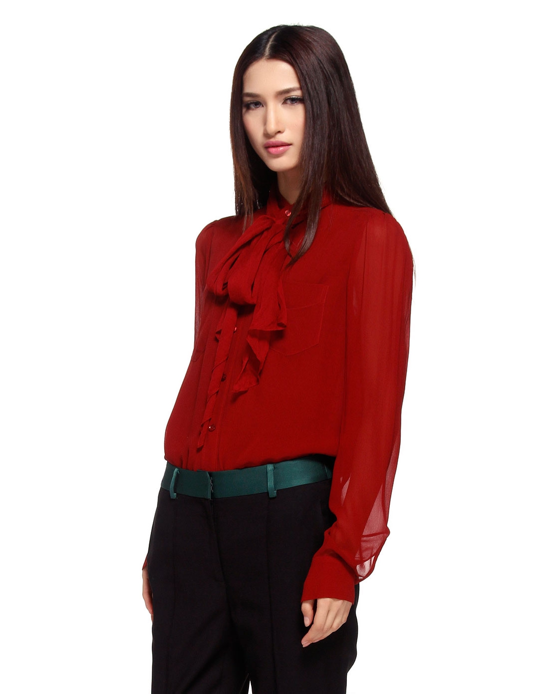 酒红色真丝飘带长袖衬衫