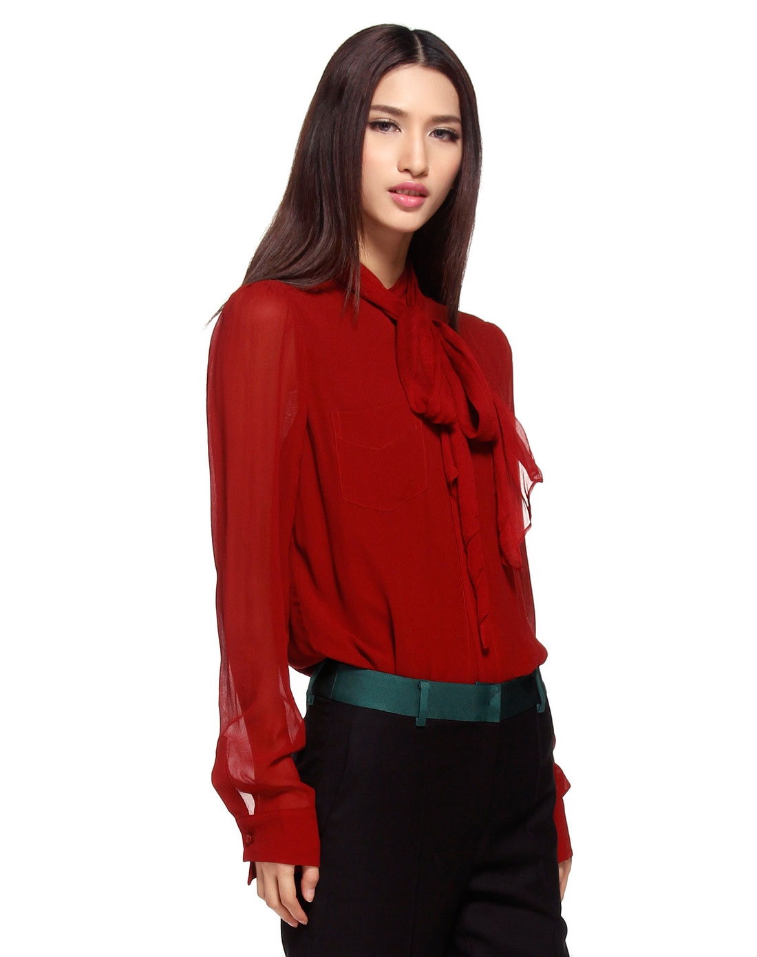 酒红色真丝飘带长袖衬衫