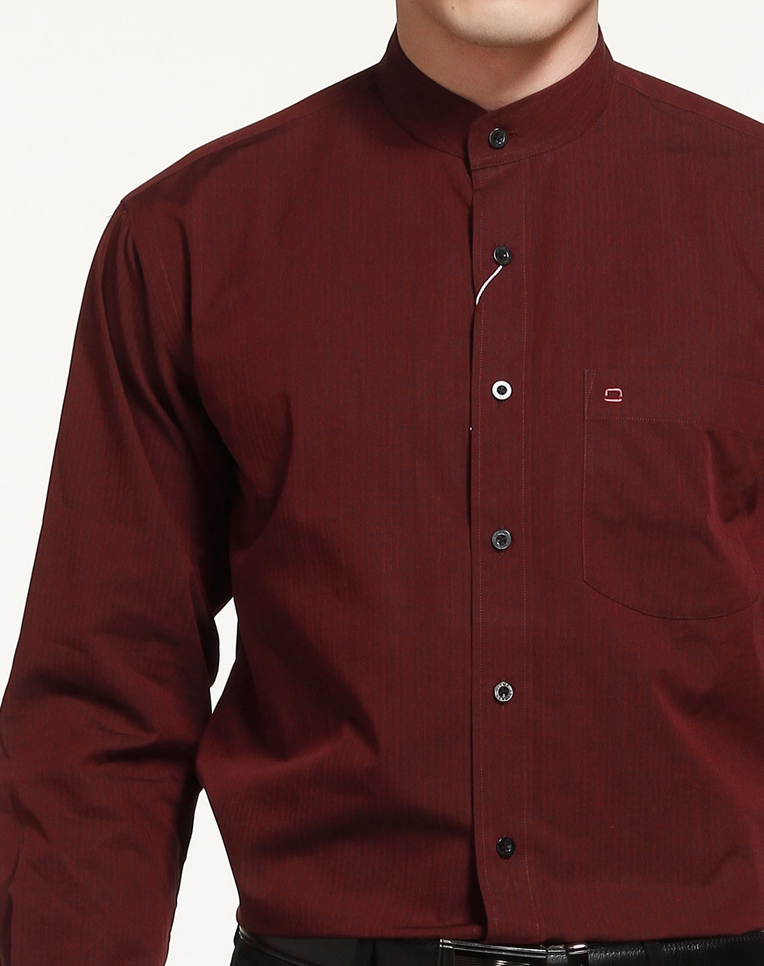 酒红色条纹都市休闲长袖衬衫