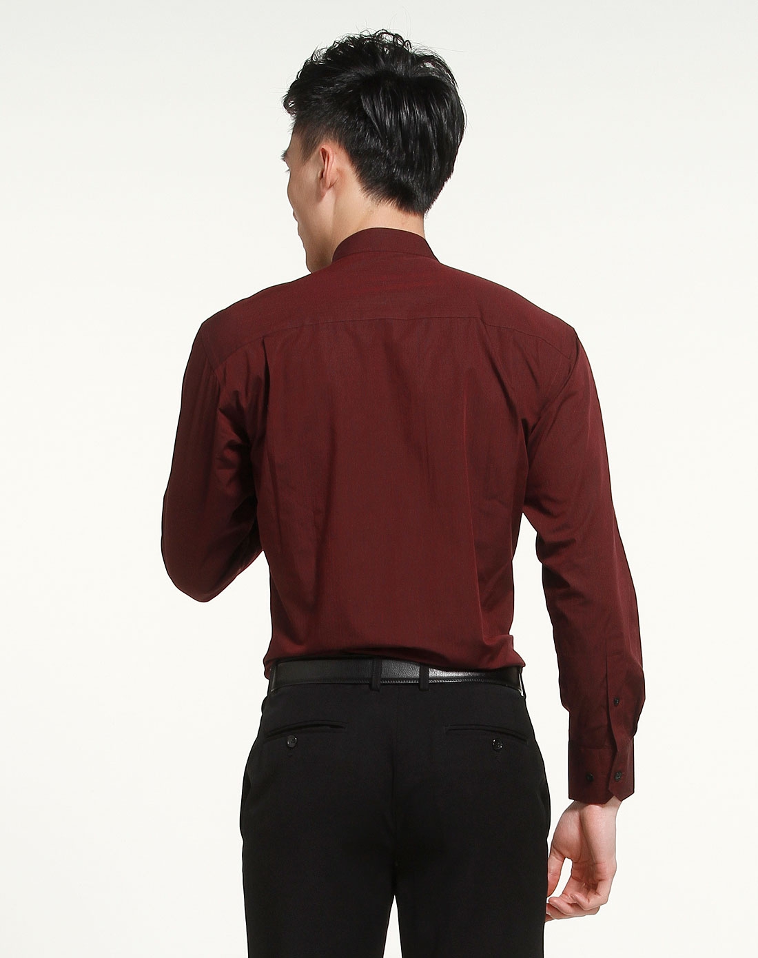 酒红色条纹都市休闲长袖衬衫