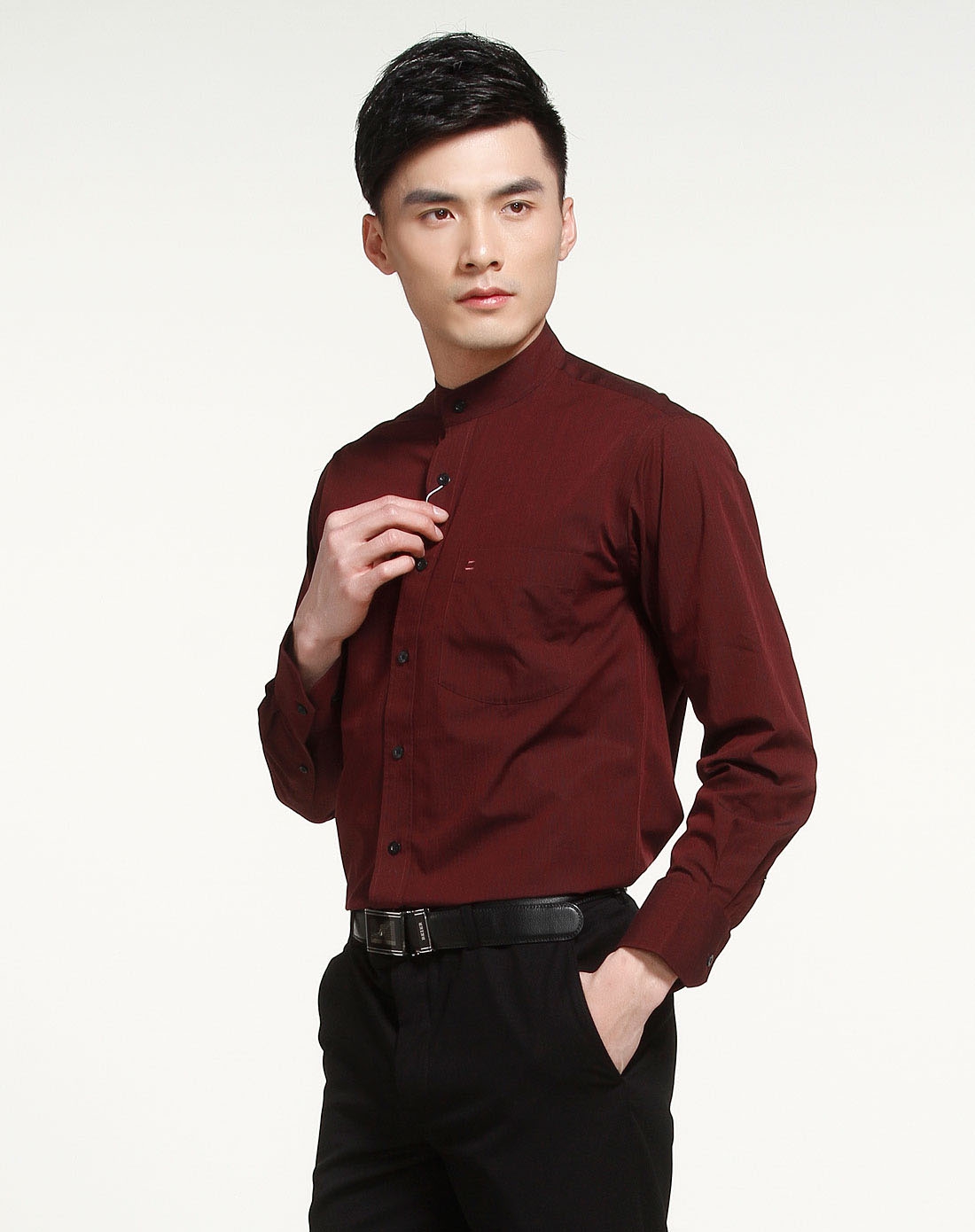 酒红色条纹都市休闲长袖衬衫