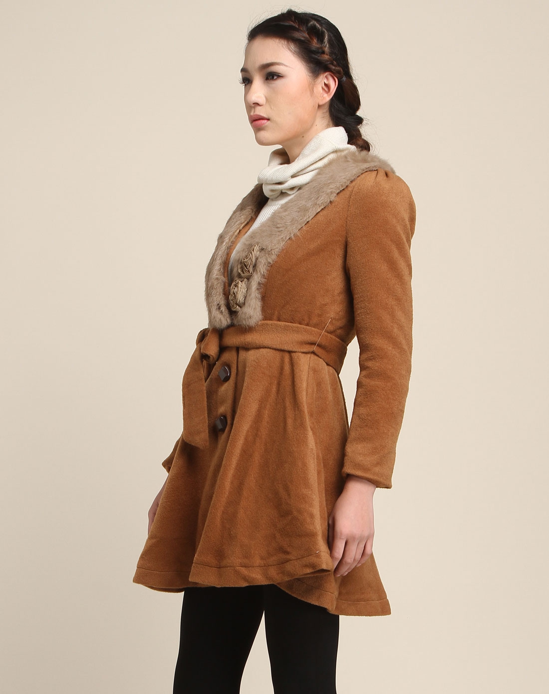 淑女简洁棕色长袖中长款大衣