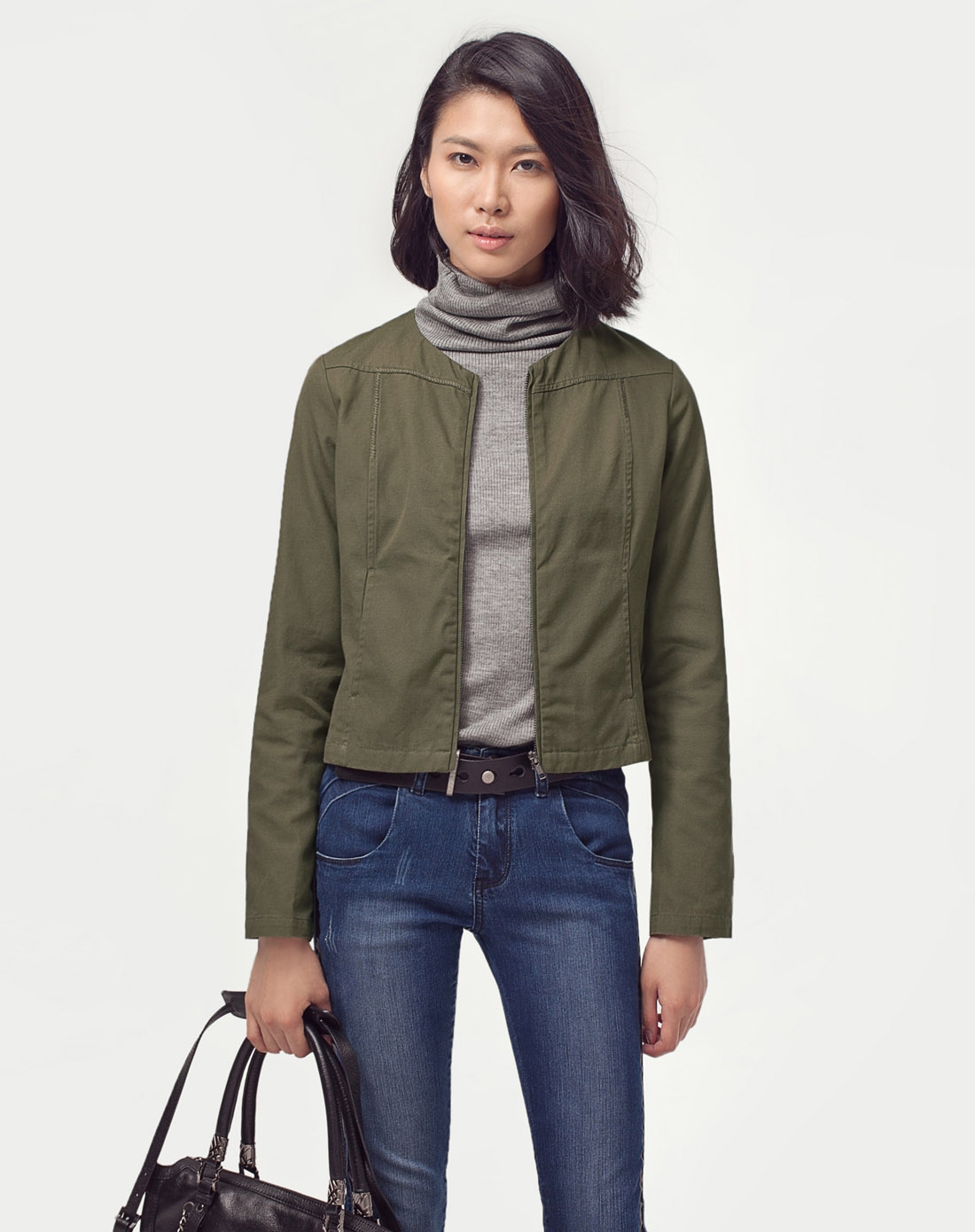 军绿修身纯棉无领短款外套