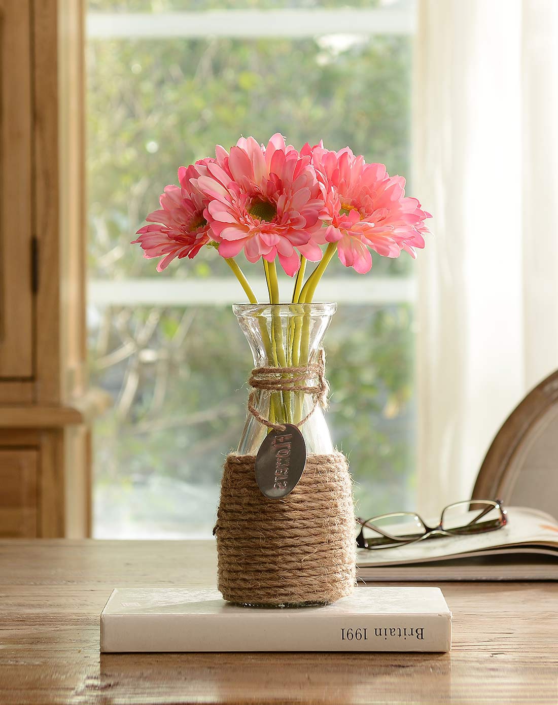 整体仿真花艺摆件 麻绳玻璃瓶非洲菊仿真整体花艺 粉色