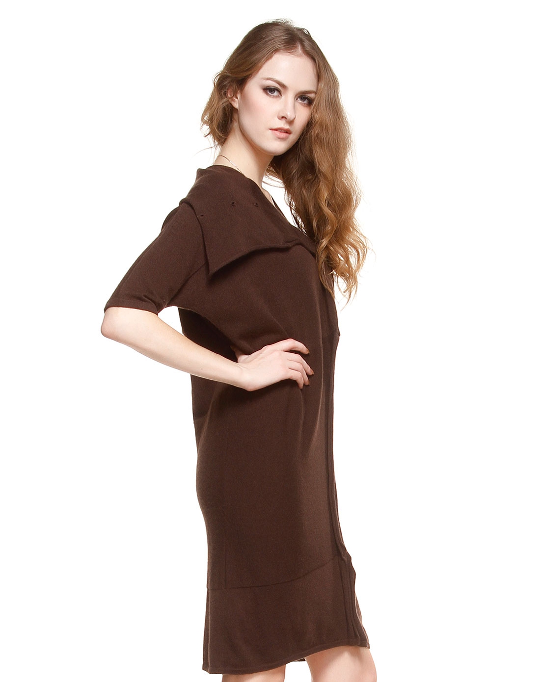 简约潮流深咖色中袖针织连衣裙