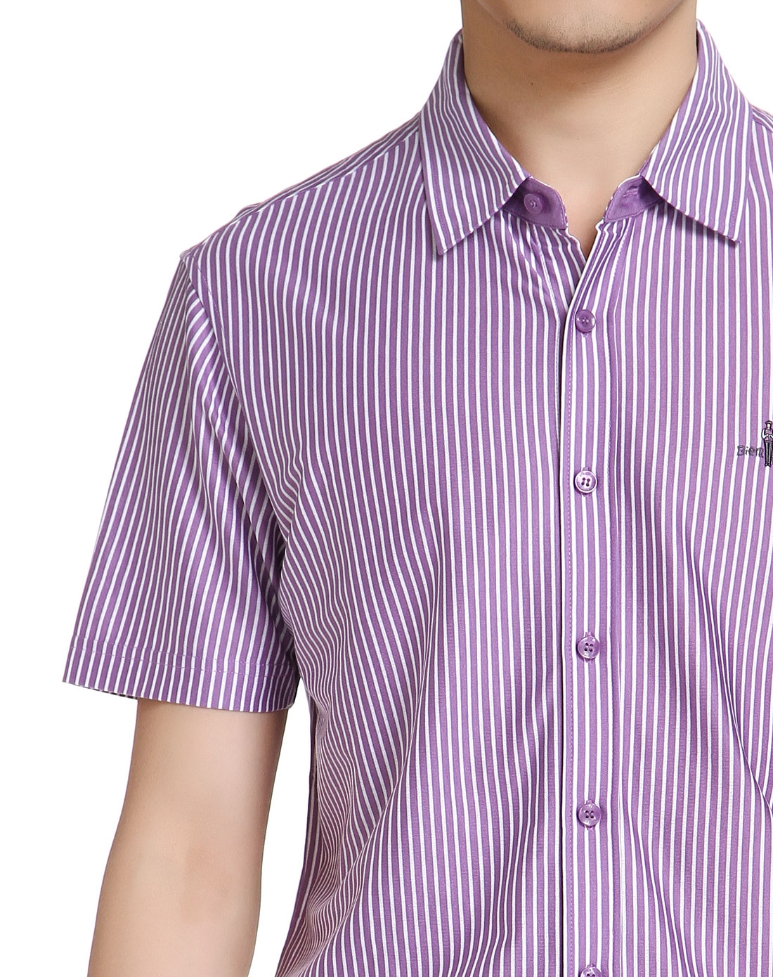 纯棉亲肤竖条纹男款浅紫色短袖衬衫