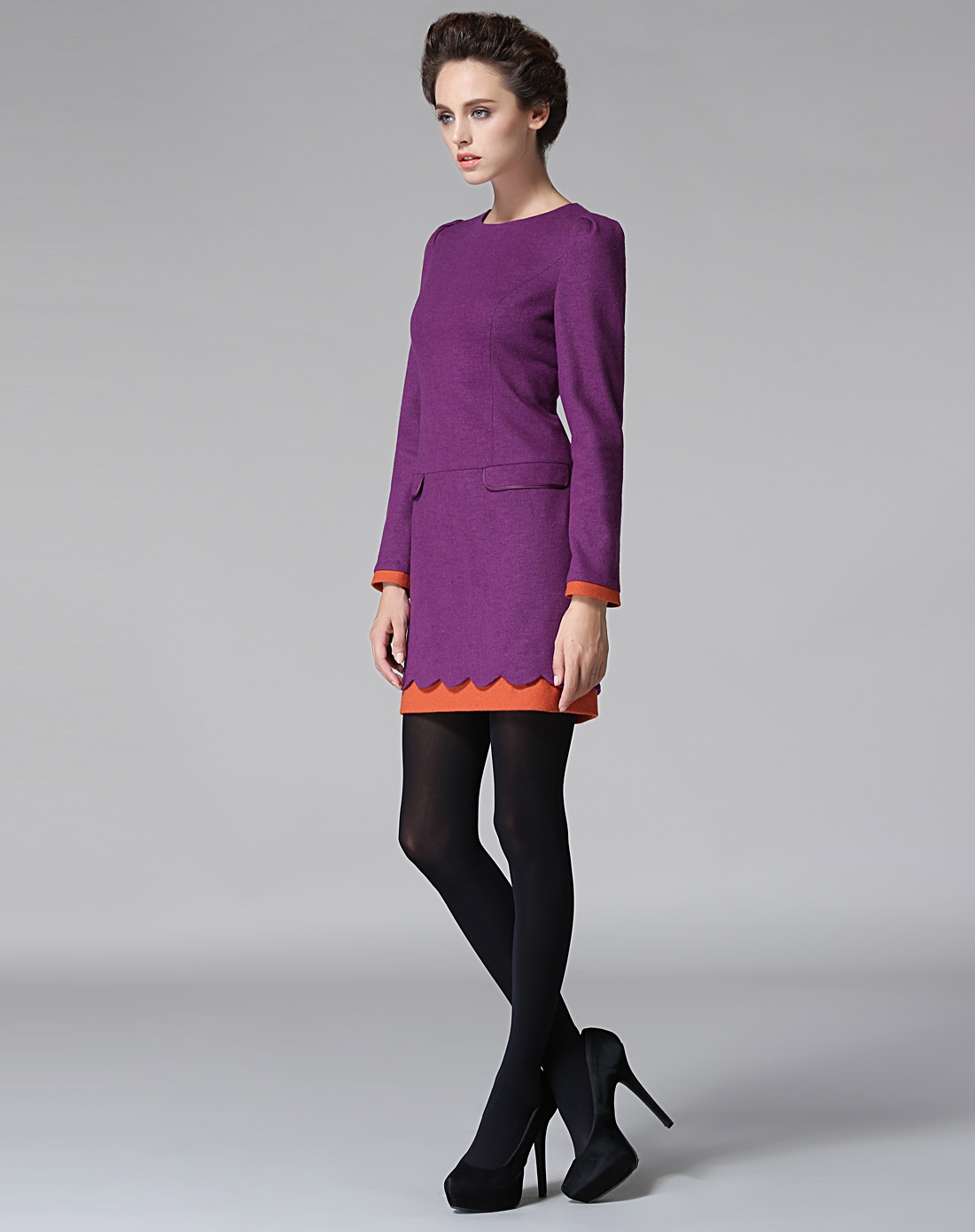 zimmur scarthin 紫桔色长袖简约通勤纯色连衣裙
