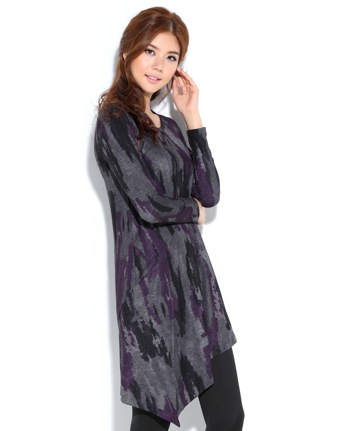 深紫罗兰色长袖连衣裙