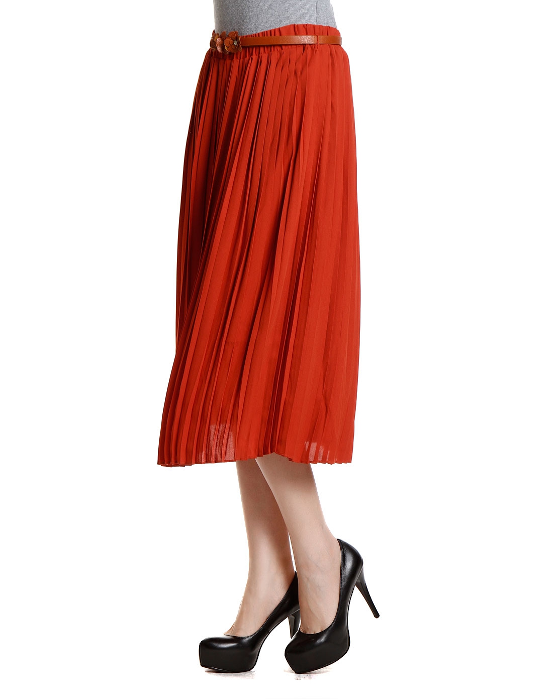 砖红色简约百褶长裙