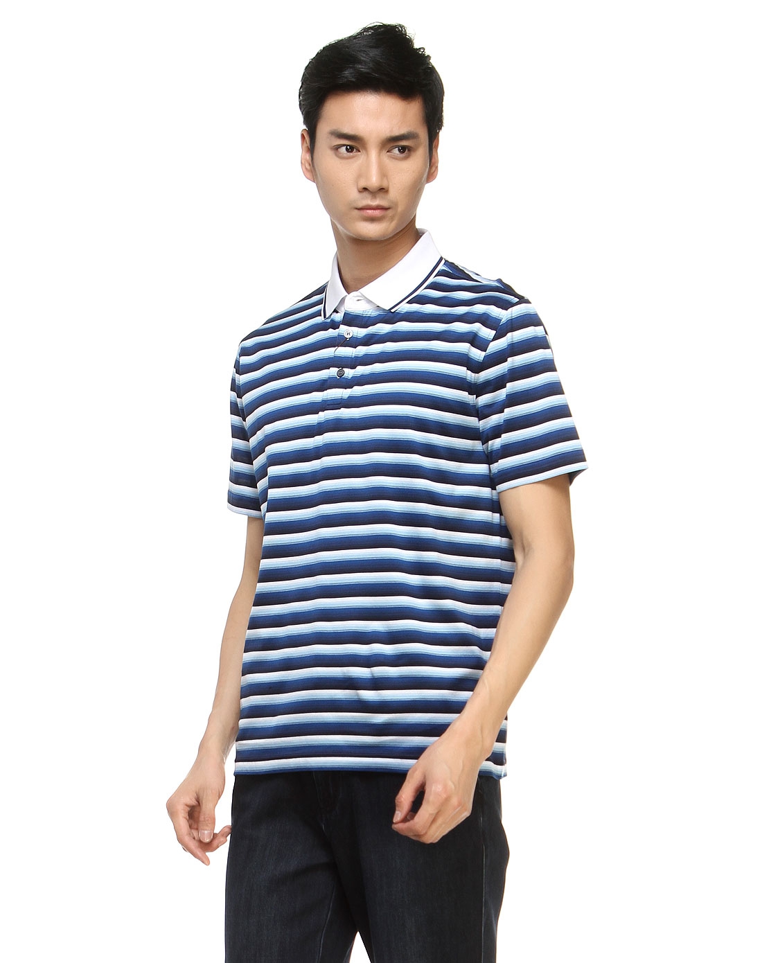 蓝白色间条休闲短袖polo衫