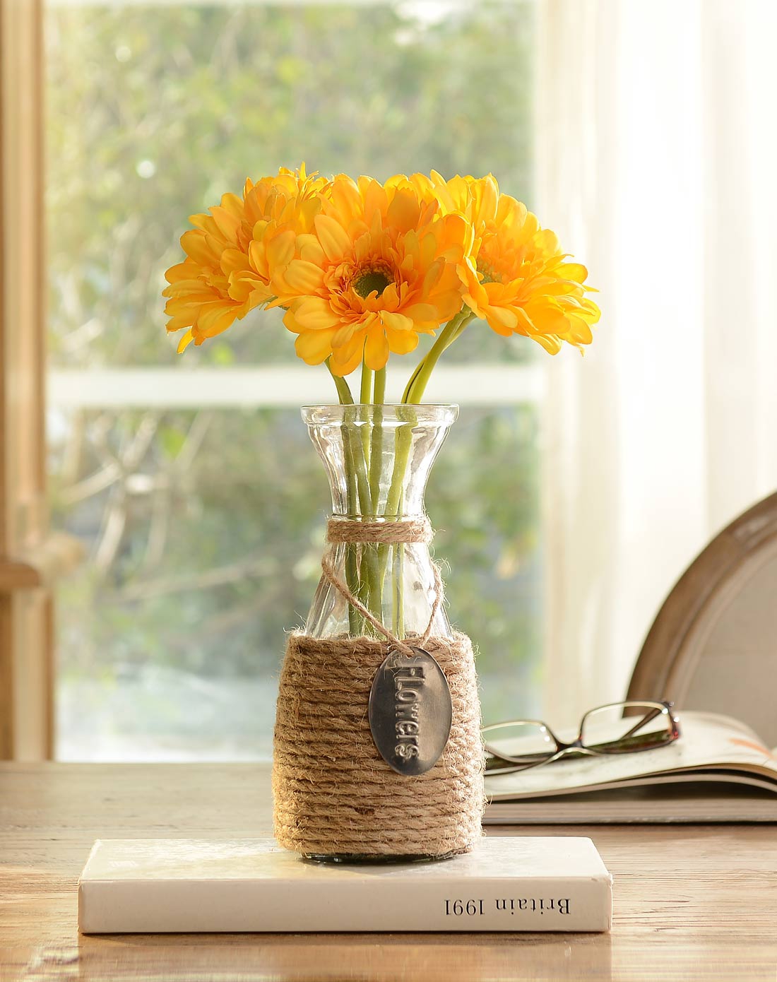 整体仿真花艺摆件 麻绳玻璃瓶非洲菊仿真整体花艺 黄色