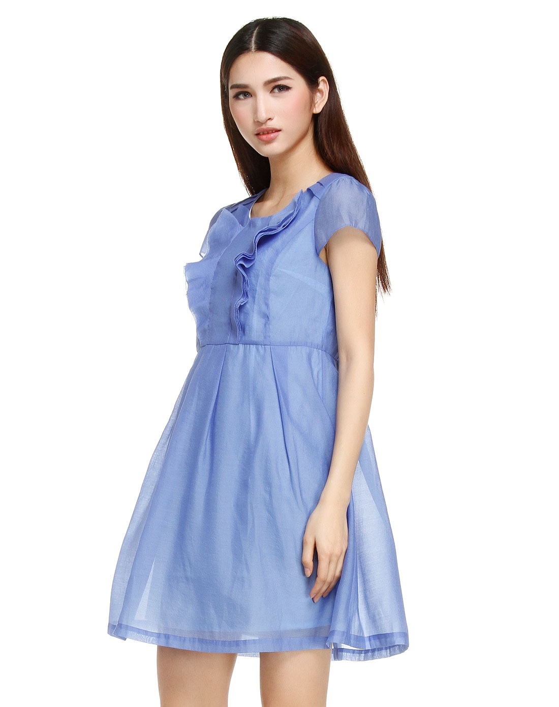 浅蓝色时尚靓丽盖肩袖连衣裙