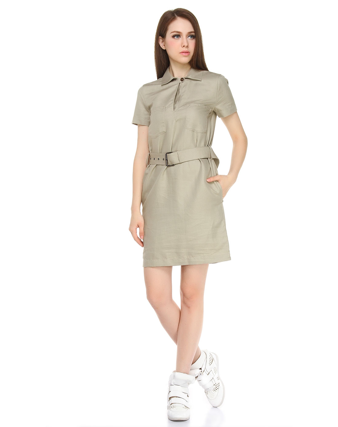 鳄鱼lacoste女装专场-女款灰咖色短袖翻领连衣裙