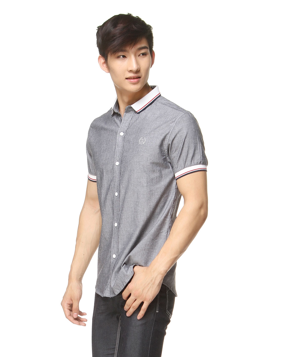 鸿星尔克erke男女混合专场-纯棉彩条领口男款黑灰色微领短袖衬衫