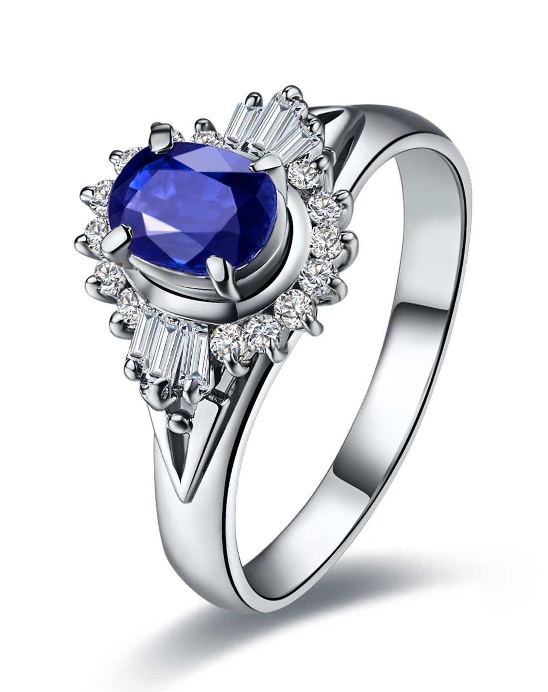 铂金1.3克拉天然斯里兰卡蓝宝石镶钻女戒-权威证书