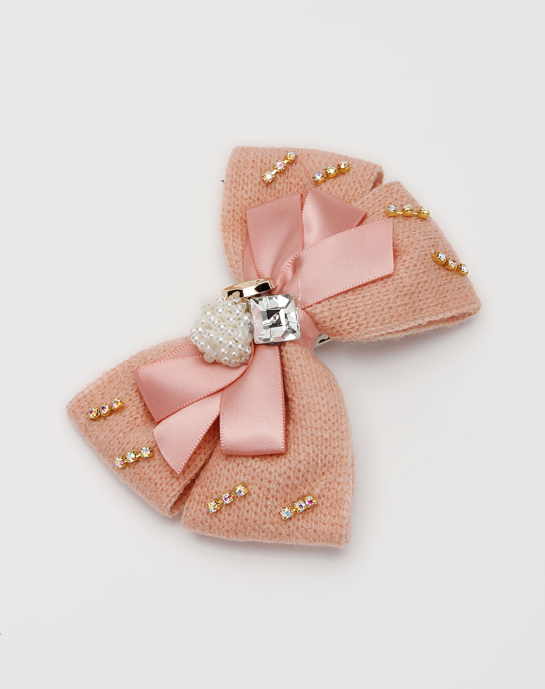 粉色珍珠蝴蝶结毛线发夹