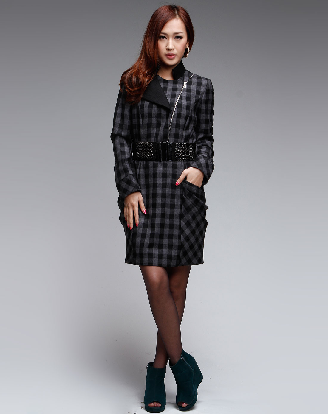 斯尔丽sierli.collection女装专场-灰/黑色格子长袖连衣裙