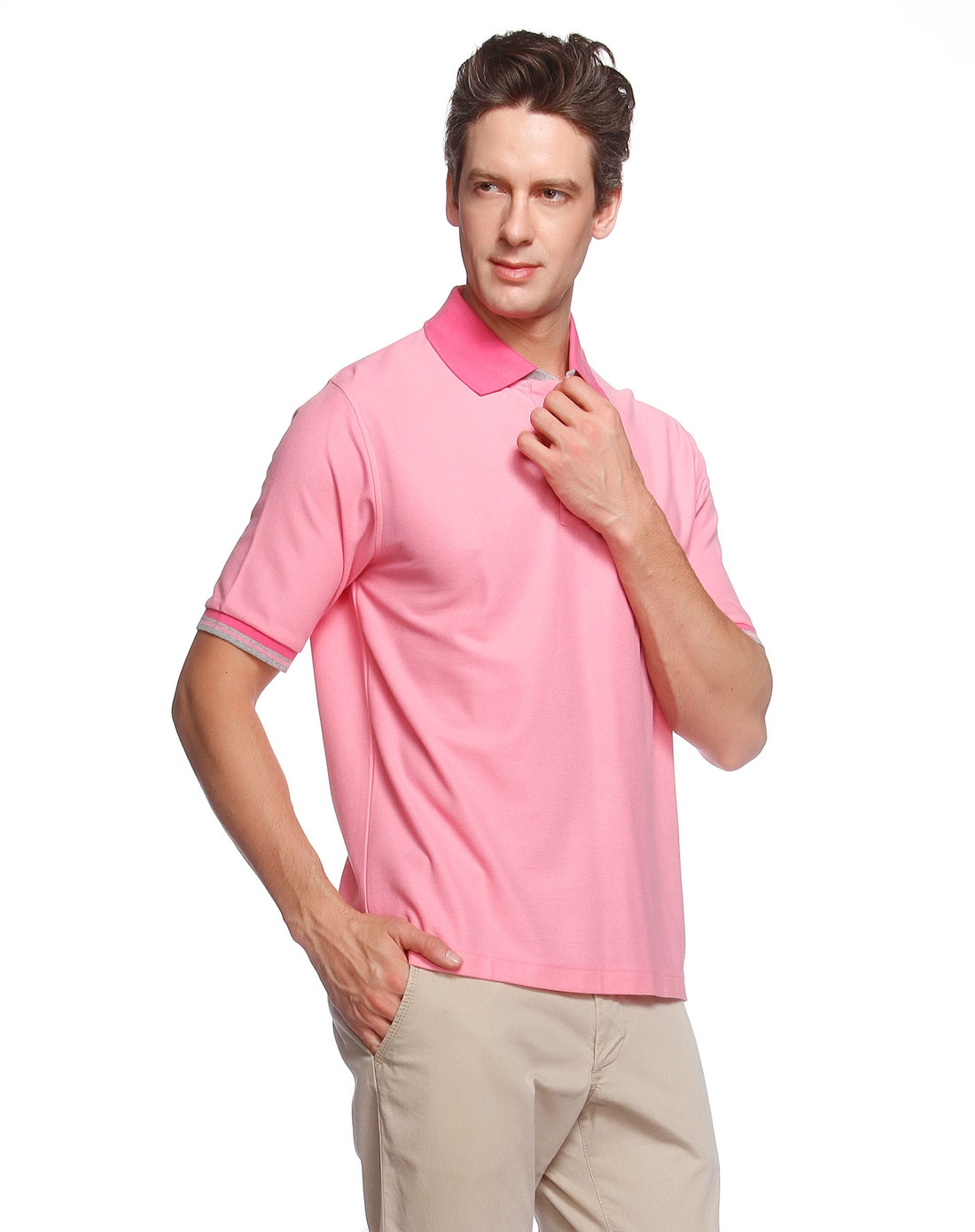 洋气浅粉色经典短袖polo衫