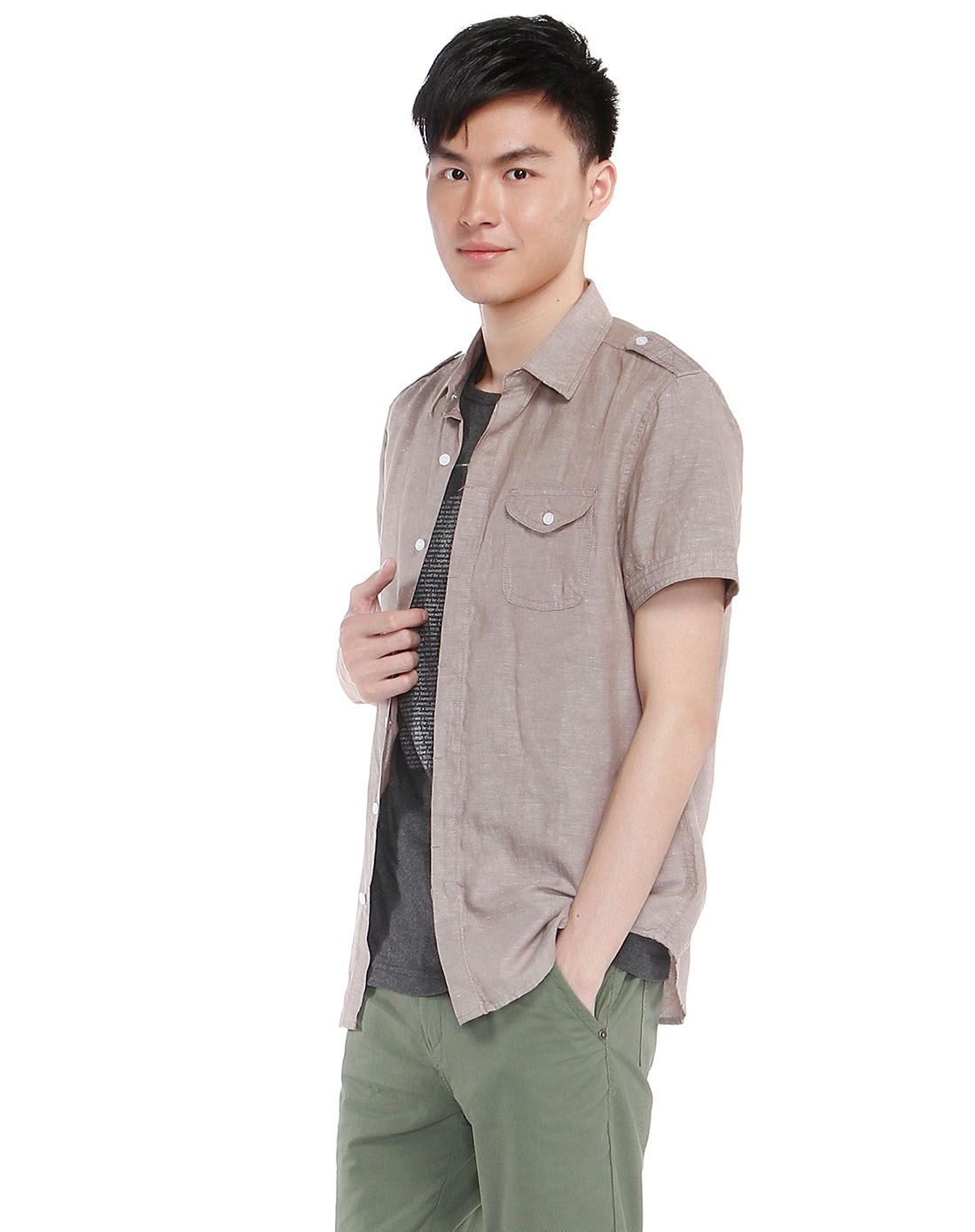 驼灰色职场个性短袖衬衫