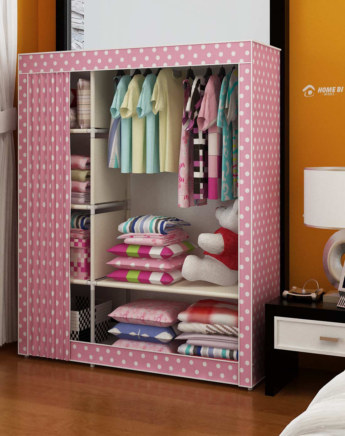 窗帘加厚高档大容量牛津布布衣柜粉色圆点窗帘