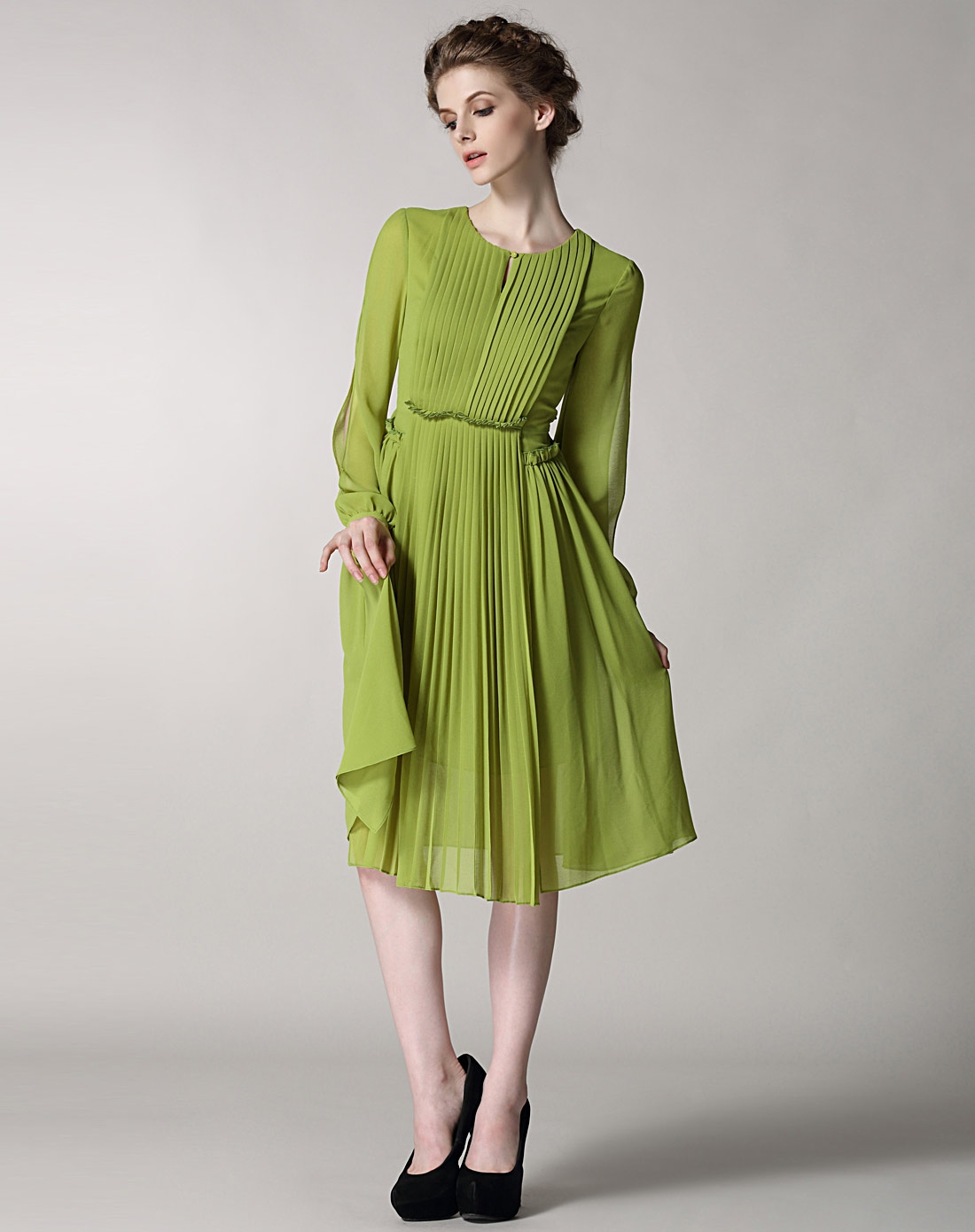 浅绿色长袖雪纺修身ol连衣裙