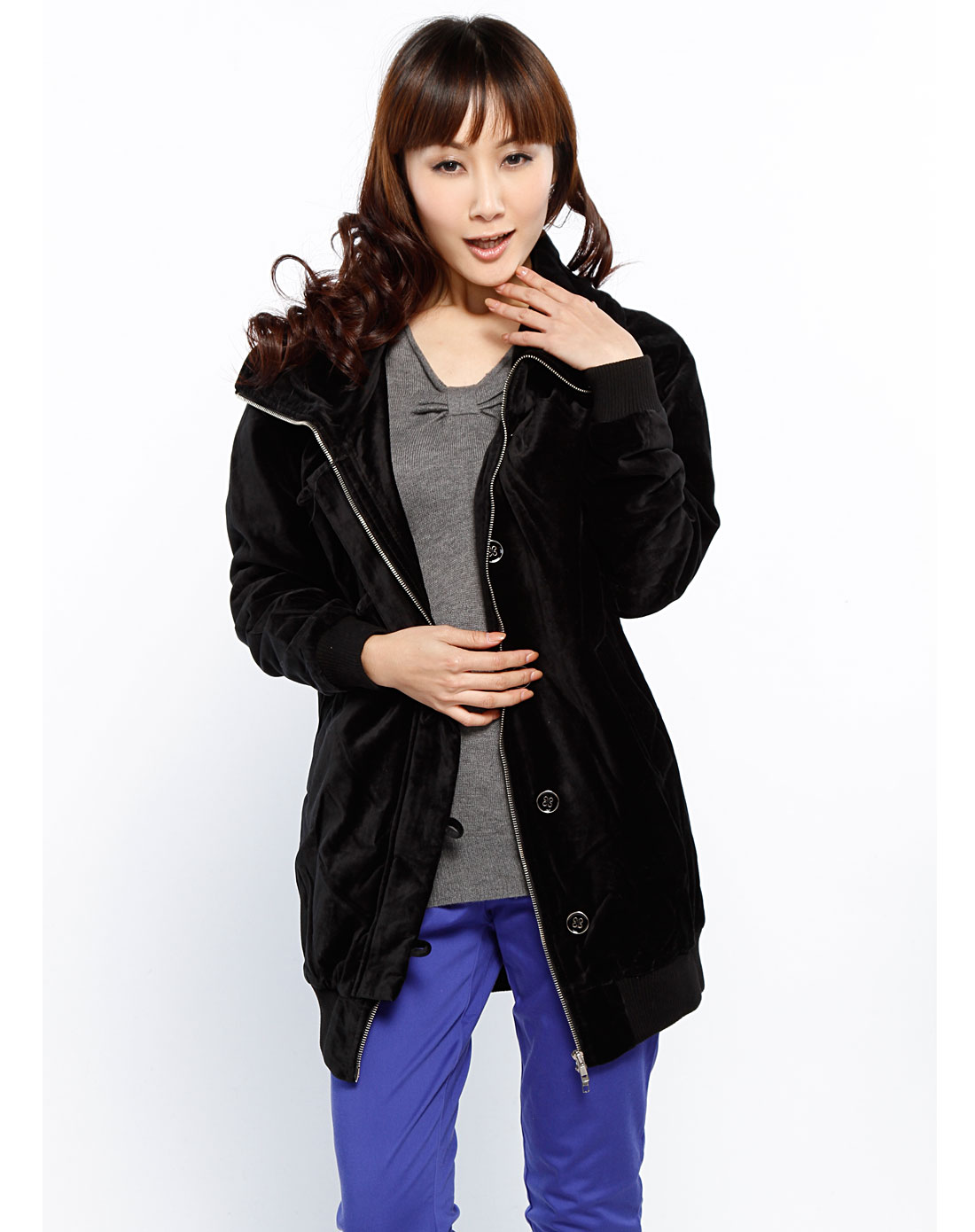 纯真传说bambini 女款黑色长袖绒面外套