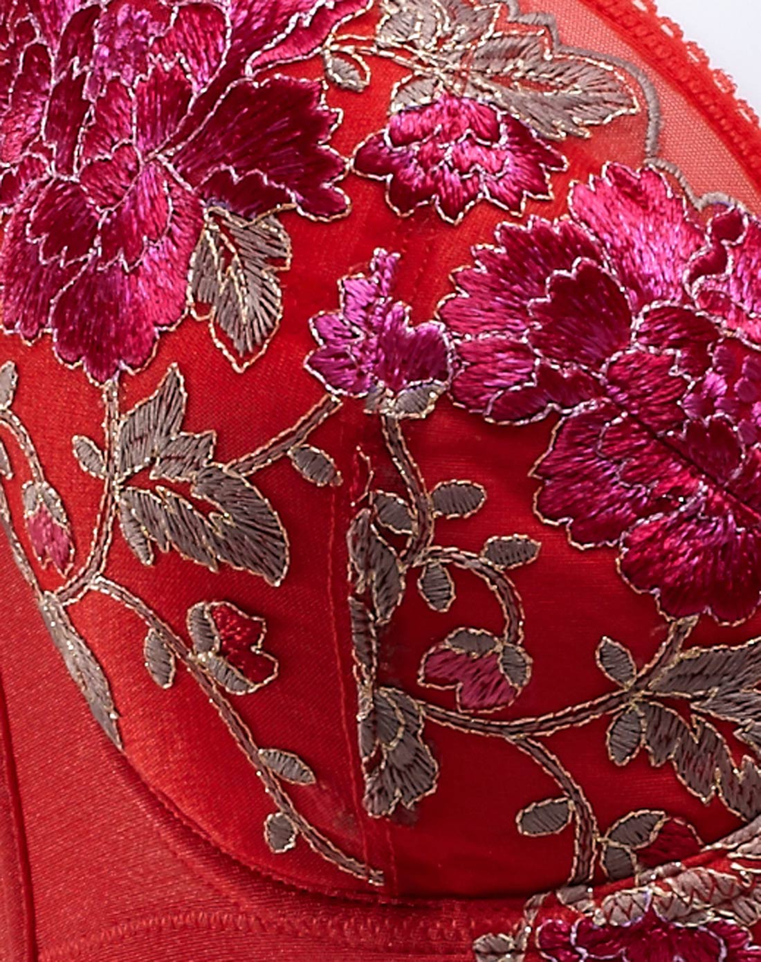 梦芭莎moonbasa内衣专场女款红色娇艳牡丹金丝刺绣3/4薄杯文胸