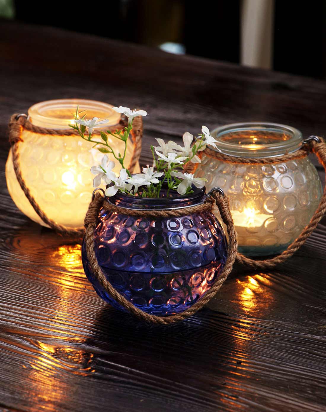 > 麻绳提手立体格纹玻璃烛台三件套