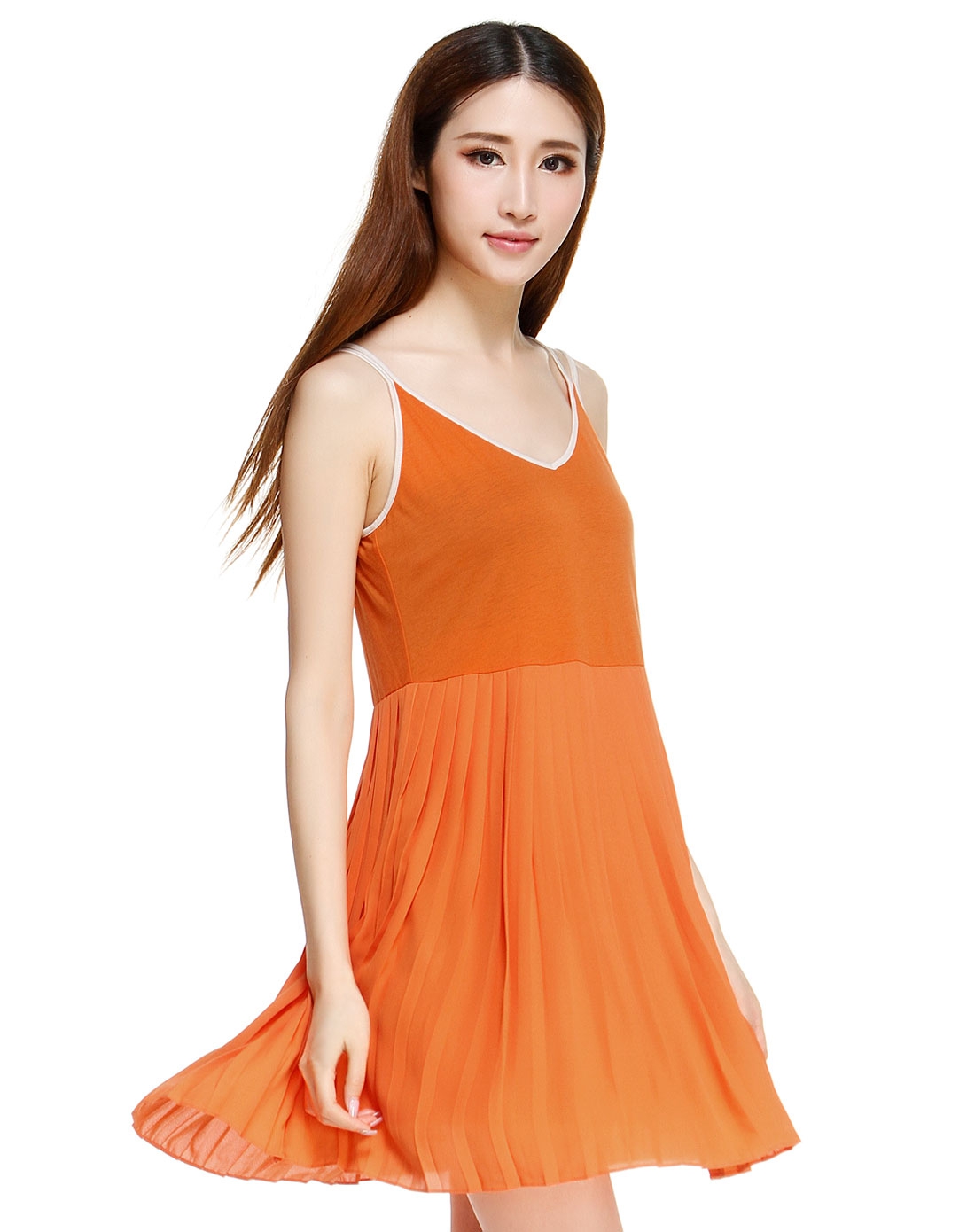 活力时尚桔色吊带连衣裙