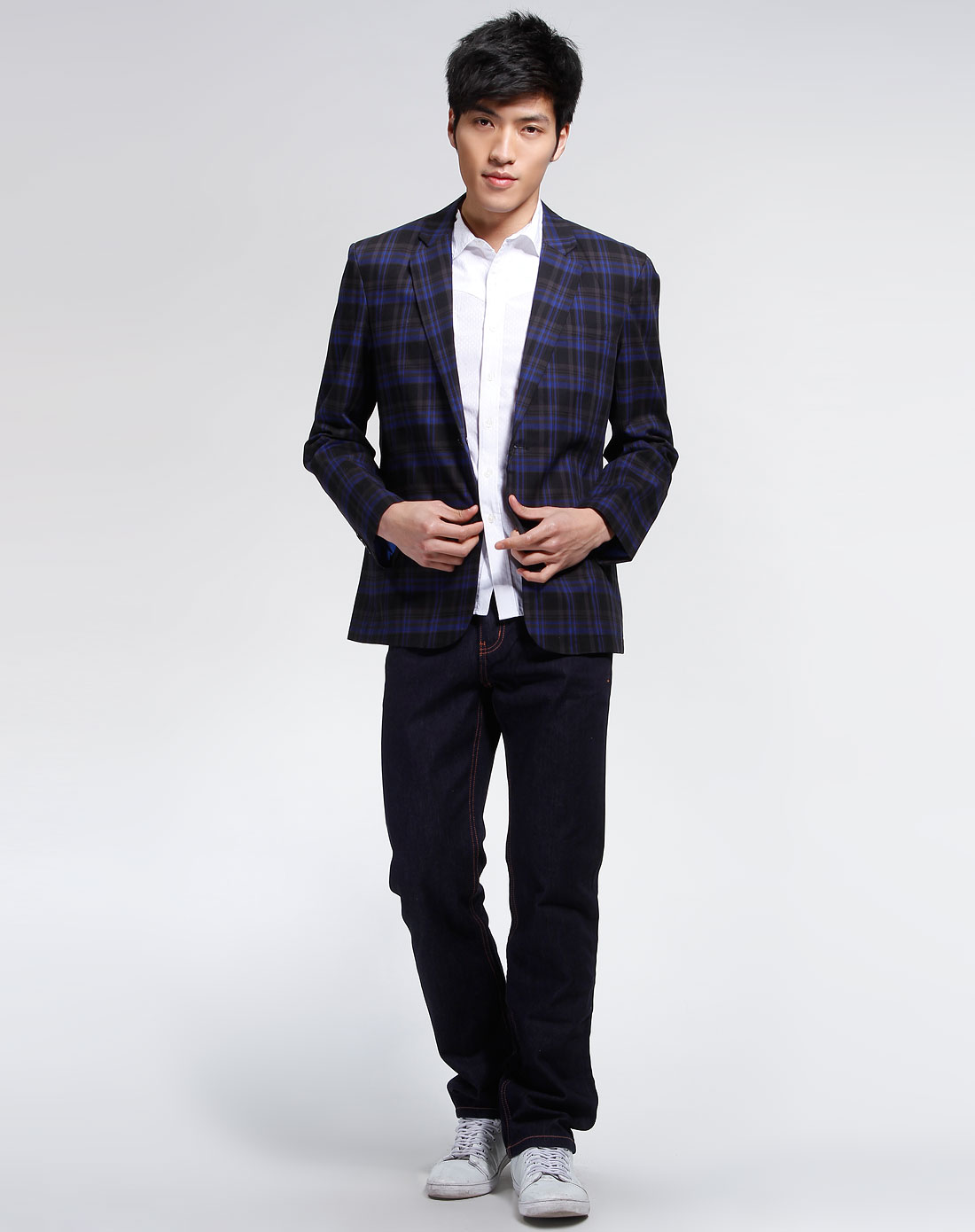 黑/宝蓝色格子长袖休闲西装外套