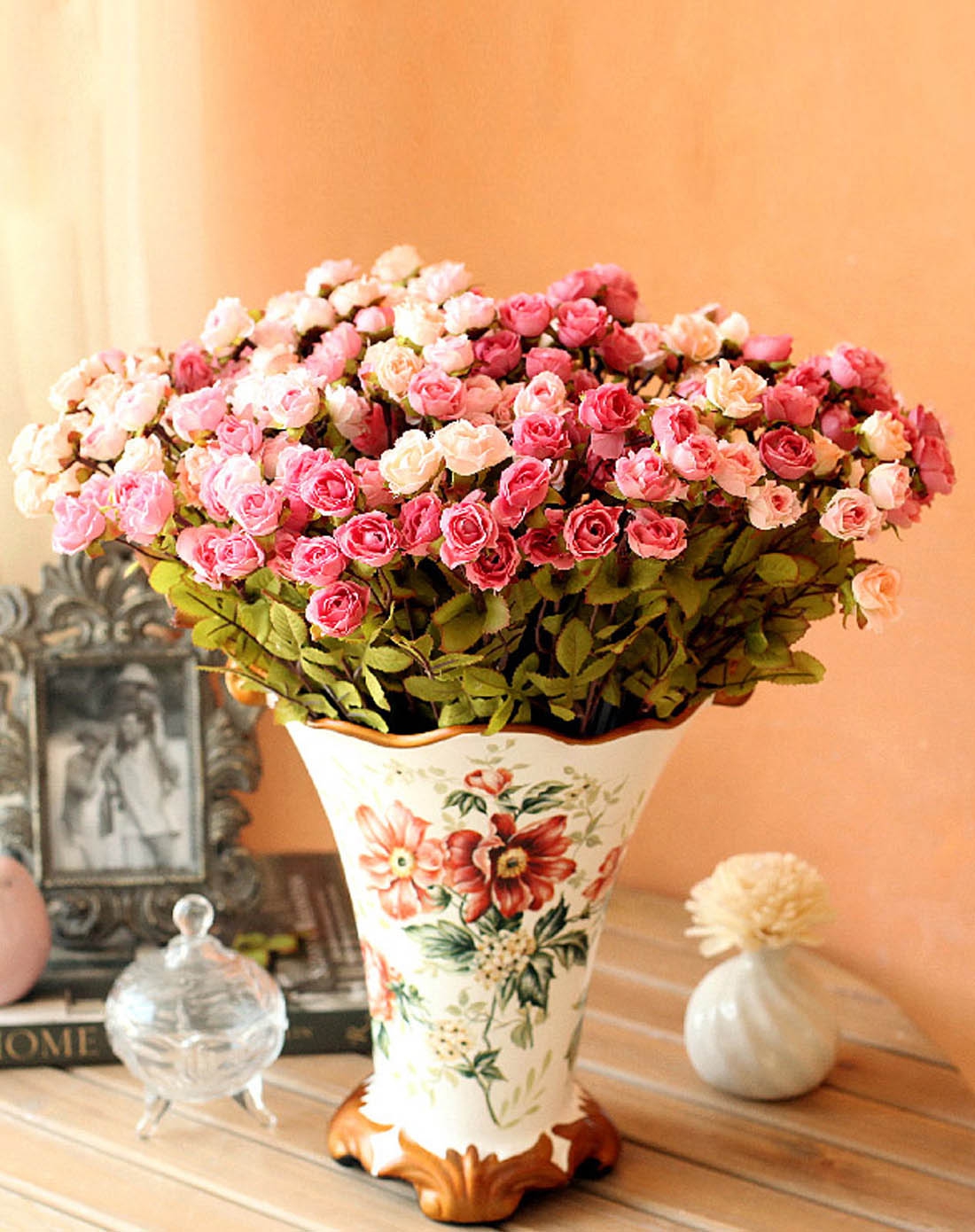 5束粉红玫瑰配花瓶大型仿真花套装