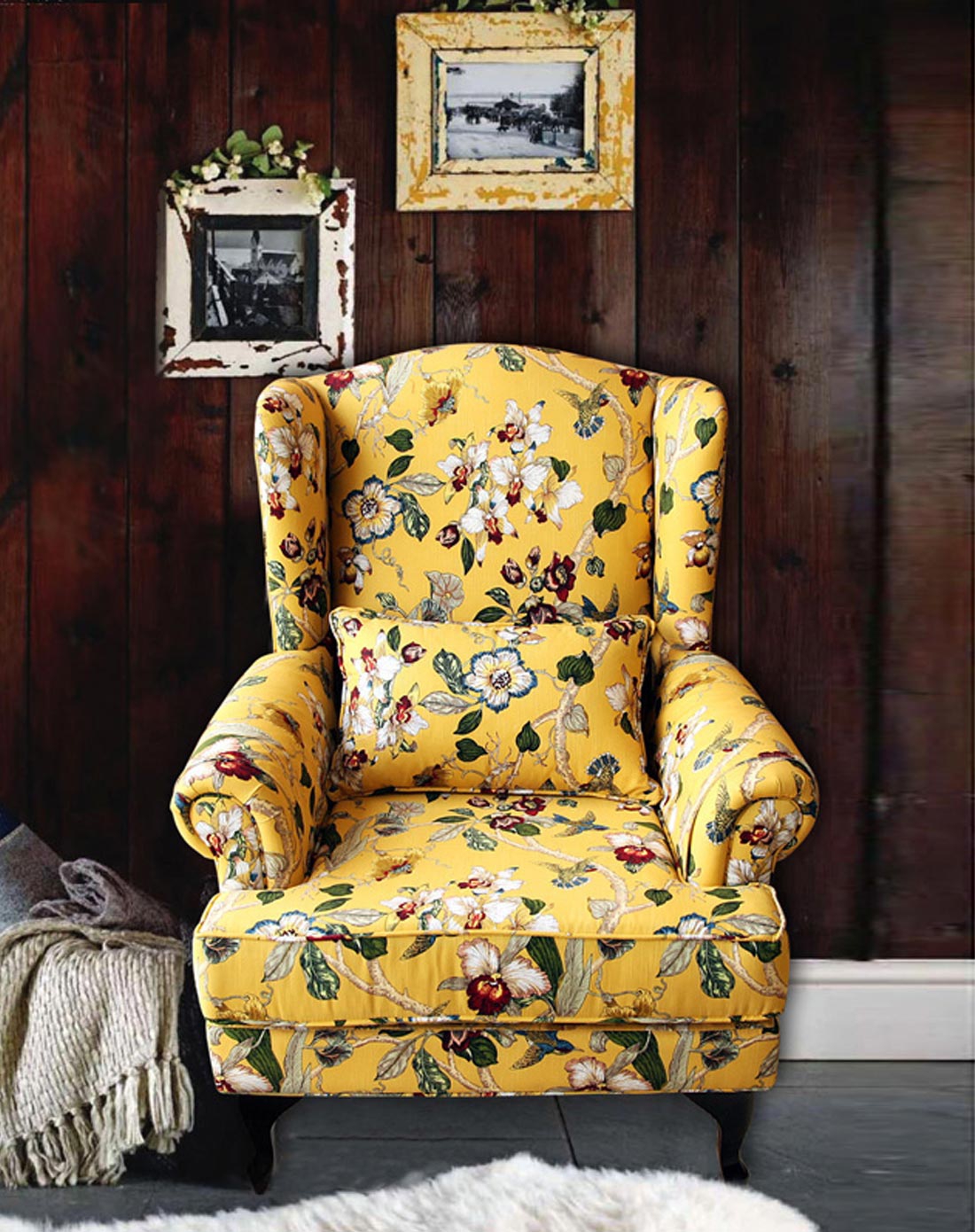 黄底花纹高档布艺欧式老虎椅单人沙发
