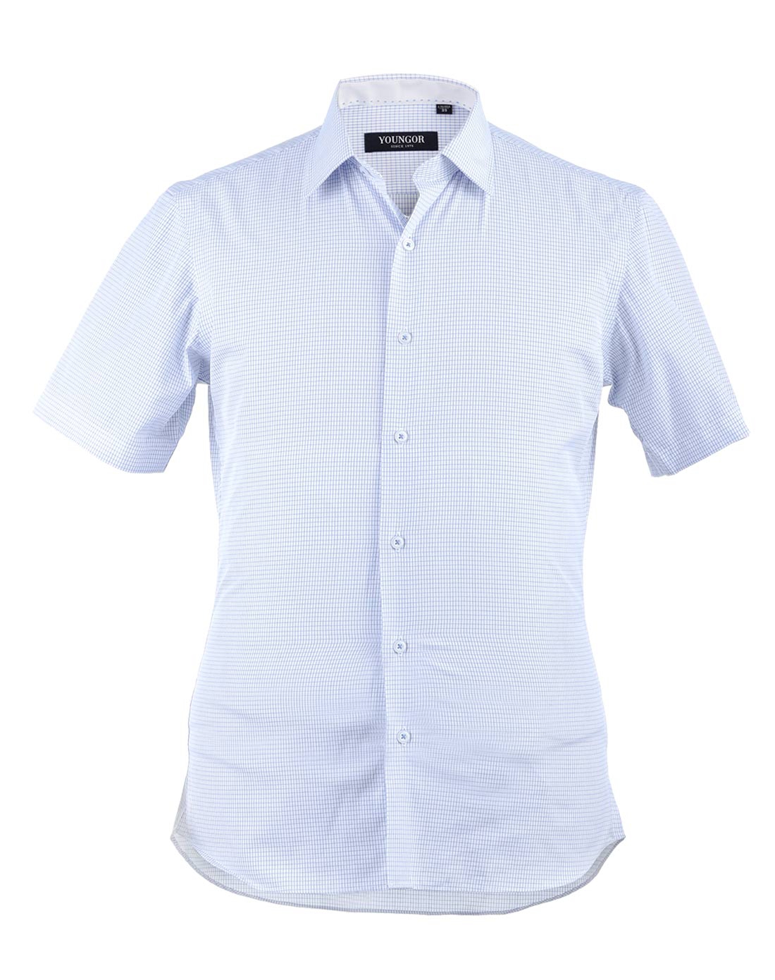 雅戈尔男装蓝格子免烫修身短袖衬衫