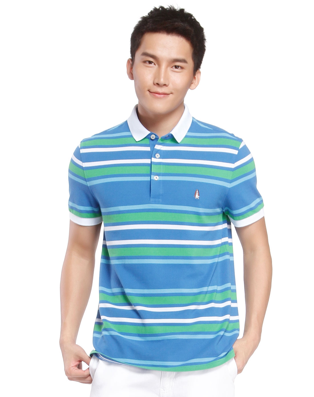 男款休闲蓝绿条纹短袖t恤