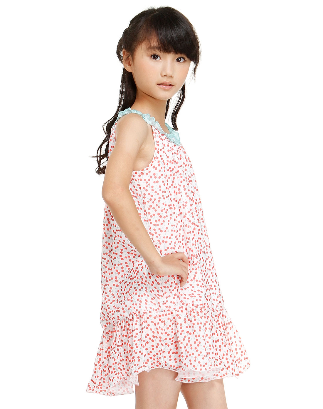 女童甜美碎花白底橘红色无袖连衣裙